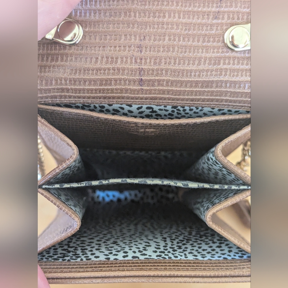 Tan Embossed Crossbody Phone Bag Gold Chain Mini Purse - Picture 3 of 11